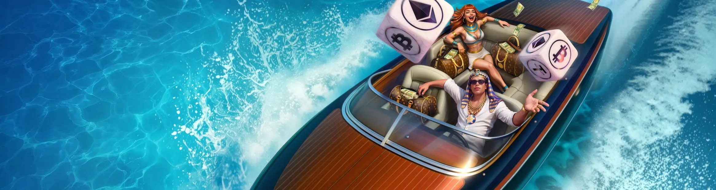 Realz Casino NZ crypto casino hero with premium boat and dice
